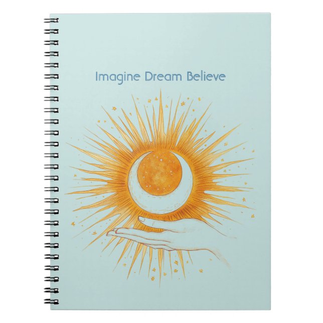 Cuaderno Azul Celeste Imagina Sueña Cree Oro Sol Mano (Frente)