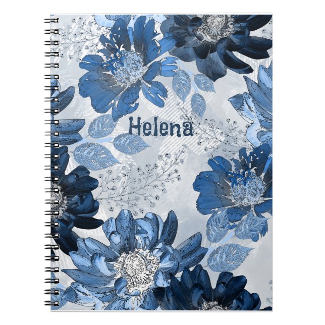 Cuaderno Azul claro, flores azul oscuro sobre gris claro (Frente)
