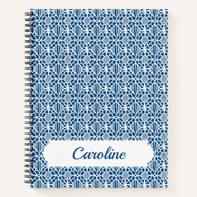 Cuaderno Azul clásico con patrón de encaje de crochado blan (Anverso)