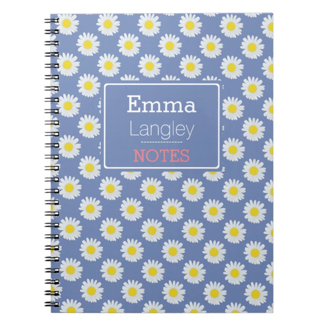 Cuaderno Azul Flor Blanca Flor Patrón Floral Daisy (Frente)