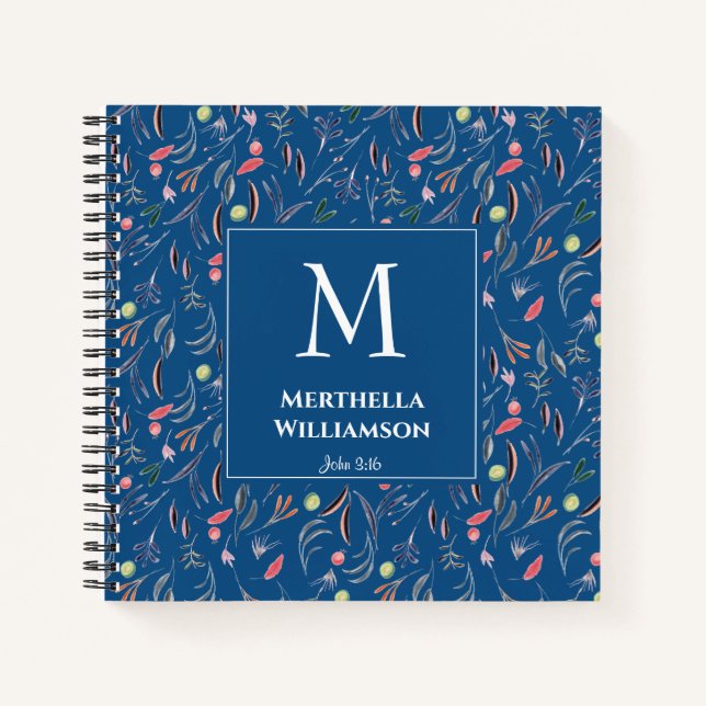 Cuaderno Azul | Floral personalizada | Elegante MONOGRAM (Anverso)