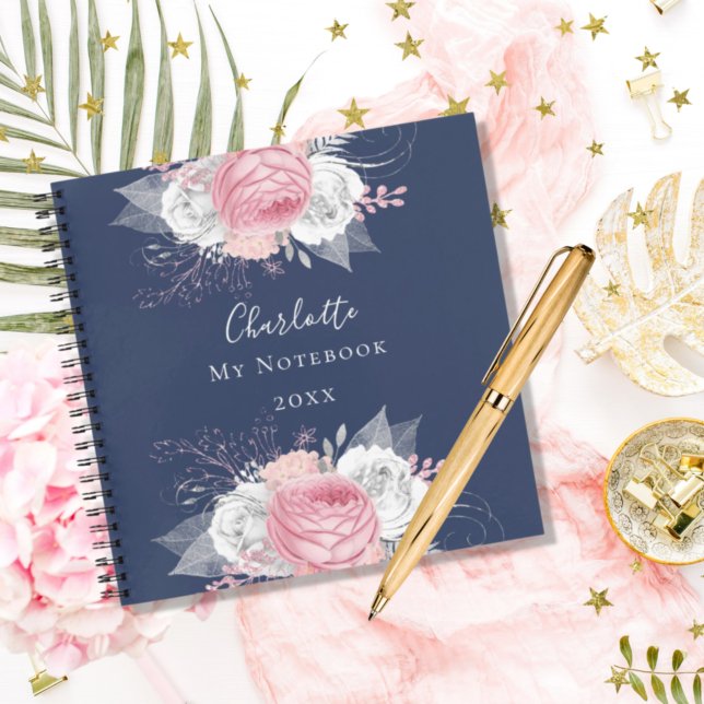 Cuaderno Azul floral rosa follaje de plata azul nombre blan (Subido por el creador)