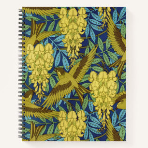 Cuaderno Azul Marino Antiguo Pájaro y Patrón Floral Amarill