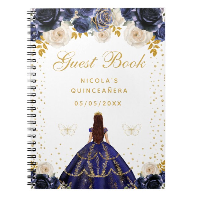 Cuaderno Azul Marino Floral Princesa Quinceañera (Frente)