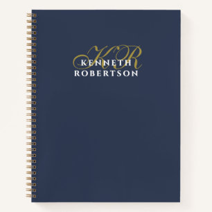 Cuaderno Azul Marino Monograma Dorado Blanco Minimalista Ho