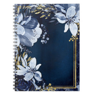Cuaderno Azul Marino y Dorado Elegante Floral Acuarela Mode