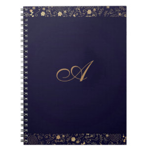 Cuaderno Azul Marino y Dorado Elegante Floral Rústico Foil