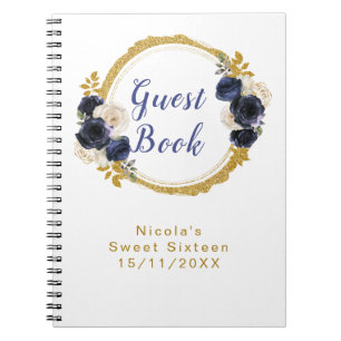 Cuaderno Azul Marino y Flores Elegantes de Oro Cumpleaños D