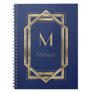 Cuaderno Azul Marino y Geométrico Dorado   Monograma y Nomb