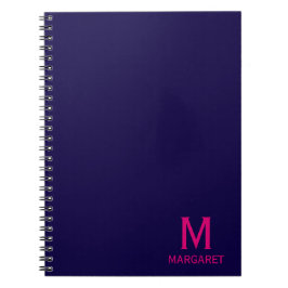 Cuaderno Azul marino y monograma moderno nombre fucsia