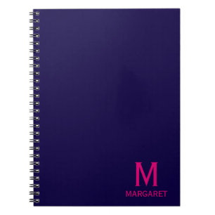 Cuaderno Azul marino y monograma moderno nombre fucsia