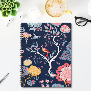 Cuaderno Azul Marino y Patrón de Aves Florales Rosas