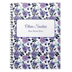 Cuaderno Azul oscuro y floral personalizado morado