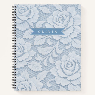 Cuaderno Azul Personalizado de Encaje Floral Elegante Román