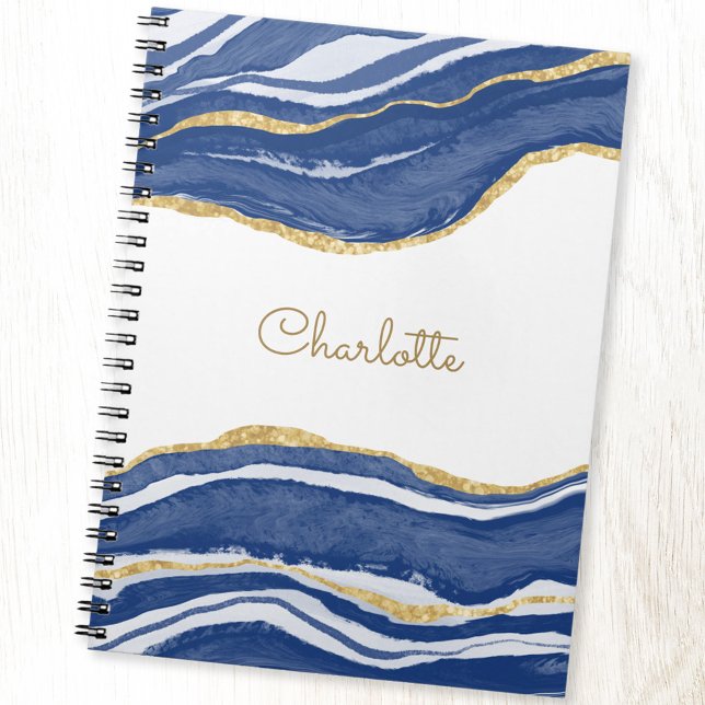 Cuaderno Azul personalizado de la acuarela del Purpurina de (Blue and white gold glitter personalized name notebook)