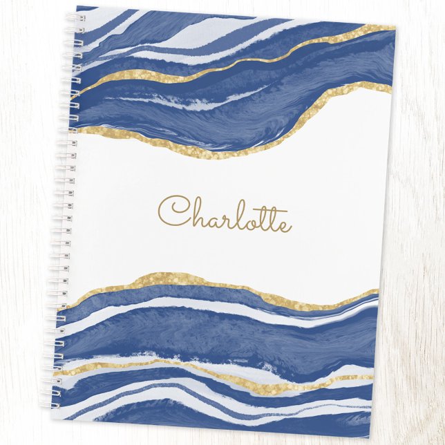 Cuaderno Azul personalizado de la acuarela del Purpurina de (Personalized navy blue, gold and white agate notebook with choice of cover and interior)