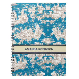 Cuaderno Azul turquesa vintage monograma toile de jouy