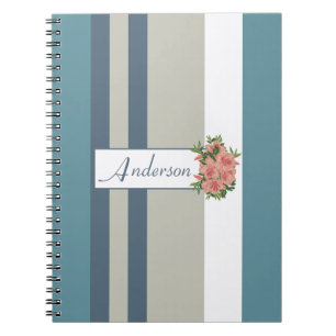 Cuaderno Azul Verde azulado moderno y floral a rayas de Tan