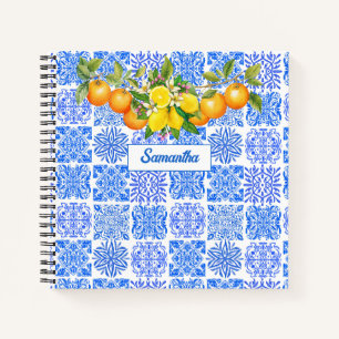 Cuaderno Azulejo Azul Amarillo Mediterráneo Siciliano Cítri
