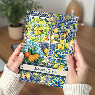 Cuaderno Azulejo Floral de Citricos Sicilianos Azul Vibrant