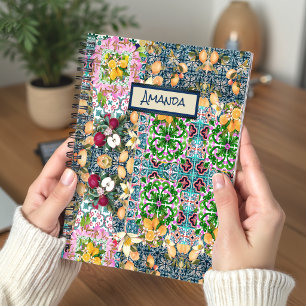 Cuaderno Azulejo Floral Siciliano de Mayólica Azul Rosa Vib