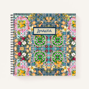 Cuaderno Azulejo Siciliano Floral de Citricos Azul Chic Ros