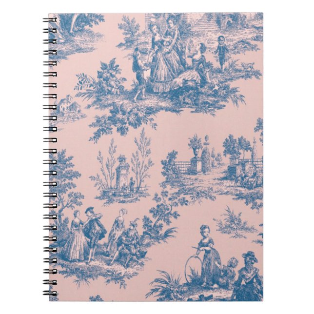 Cuaderno Azulejos de jouy azul y rosa elegante (Frente)
