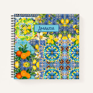 Cuaderno Azulejos florales cítricos turquesa azul sicilian