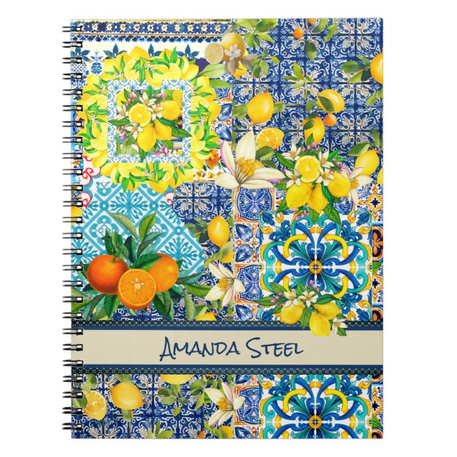 Cuaderno azulejos florales de cítricos sicilianos azul moda (Frente)