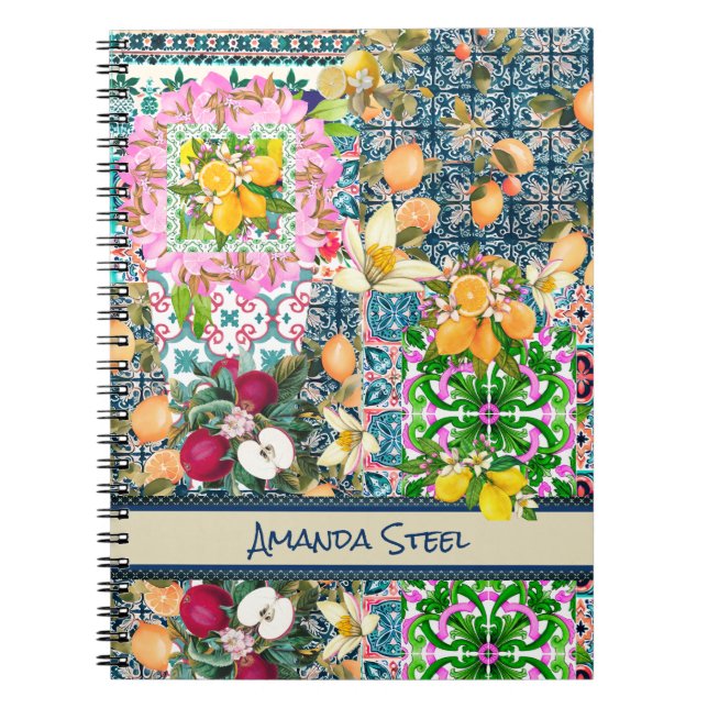 Cuaderno azulejos florales de cítricos sicilianos de color  (Frente)