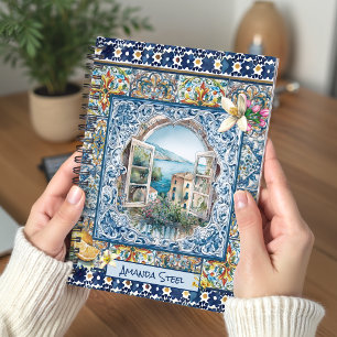 Cuaderno Azulejos Florales Italianos de Verano Azul Monogra
