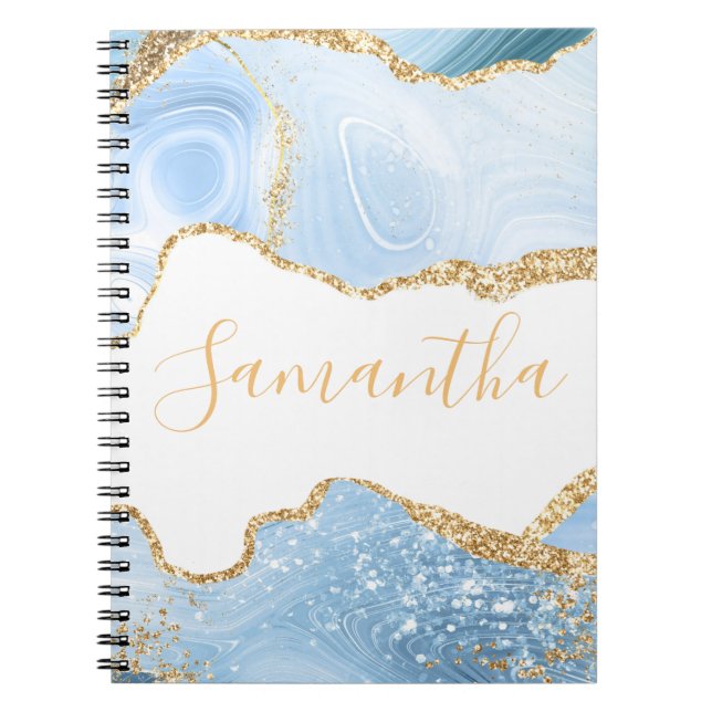 Cuaderno Baby Blue y Faux Gold Purpurina Marble Agate (Frente)