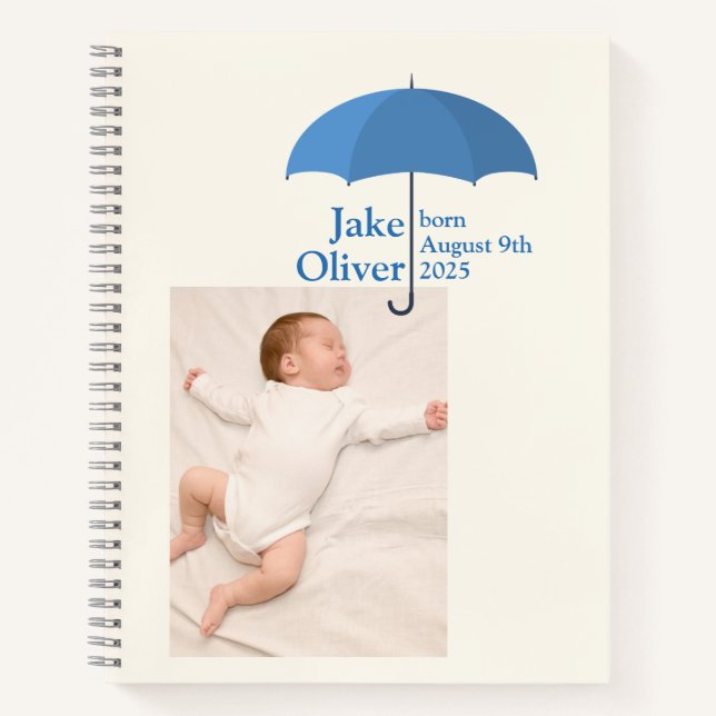 Cuaderno Baby Photo, Name, Date, Blue Umbrella (Anverso)
