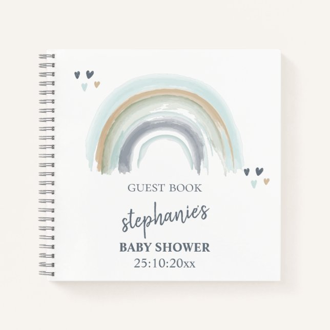 Cuaderno Baby Shower Blue Boho Rainbow Guest Book (Anverso)