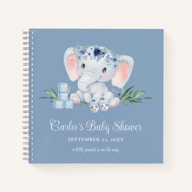 Cuaderno Baby Shower Cute Elephant Blue Floral Boy (Anverso)