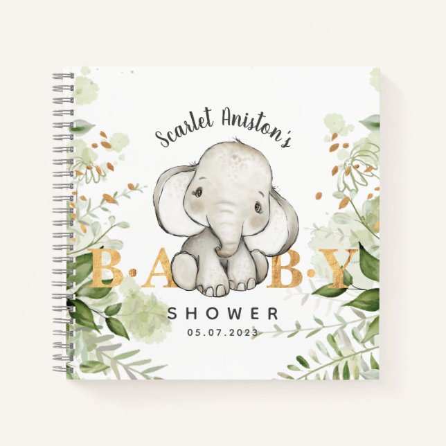 Cuaderno Baby Shower Cute Elephant Greenery Guest Book (Anverso)