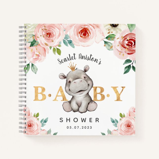 Cuaderno Baby Shower Cute Hippo Floral Guest Book (Anverso)