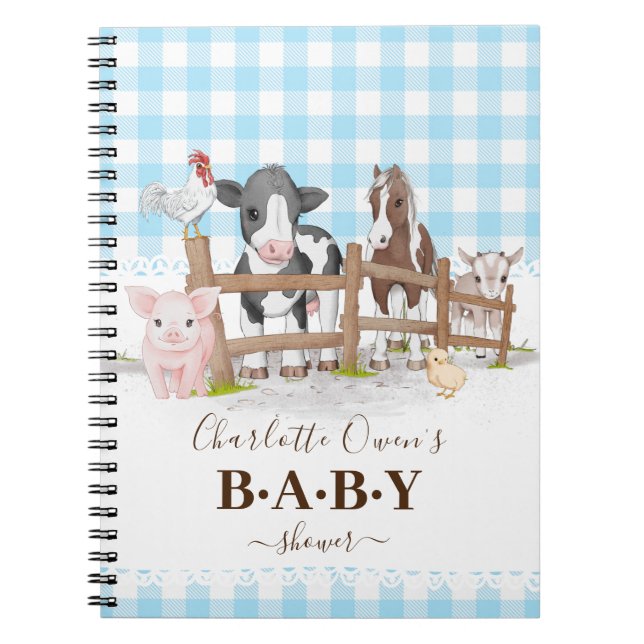 Cuaderno Baby Shower de animales de la granja de bebés azul (Frente)