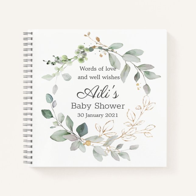Cuaderno Baby Shower de follaje verde (Anverso)