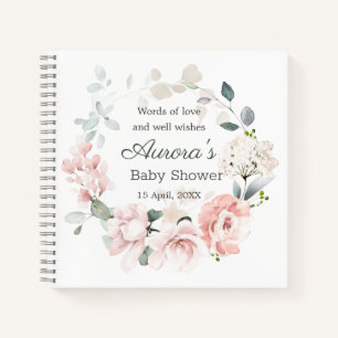 Cuaderno Baby Shower de follaje verde de rosas rosadas