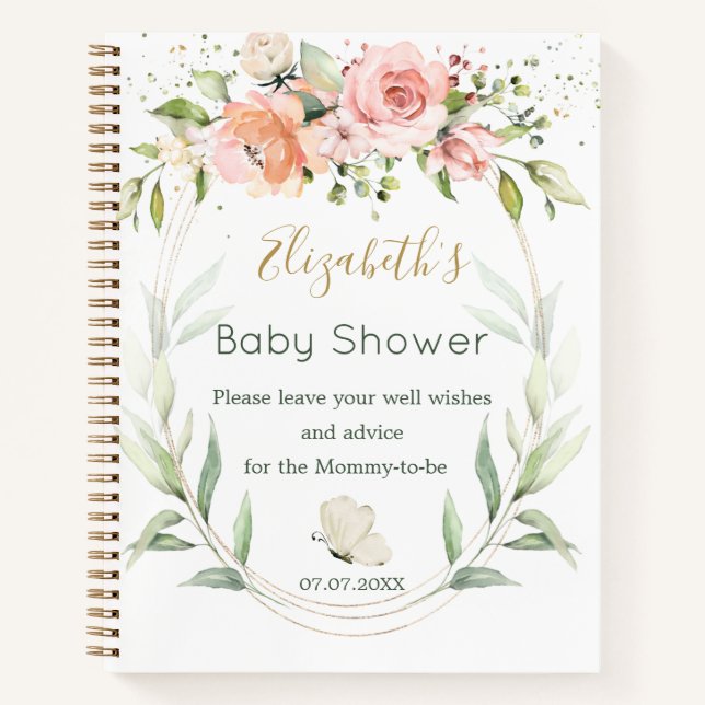 Cuaderno Baby Shower de follaje verde rosa floral (Anverso)
