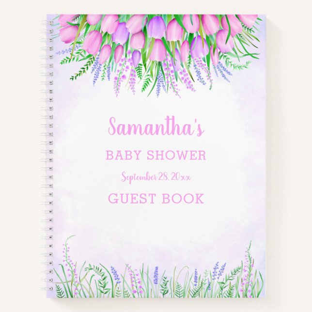 Cuaderno Baby Shower Floral Lavender Pink Tulips Guest Book (Anverso)