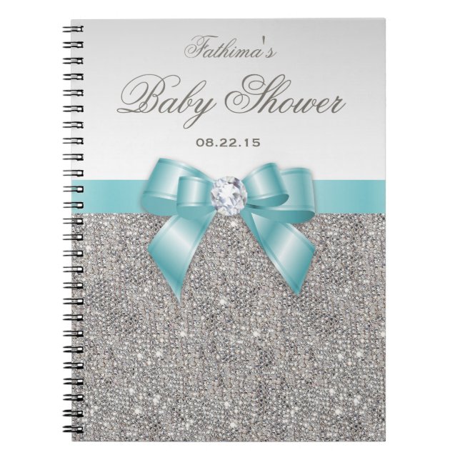 Cuaderno Baby Shower Guestbook Faux Silver Sequins Verde az (Frente)