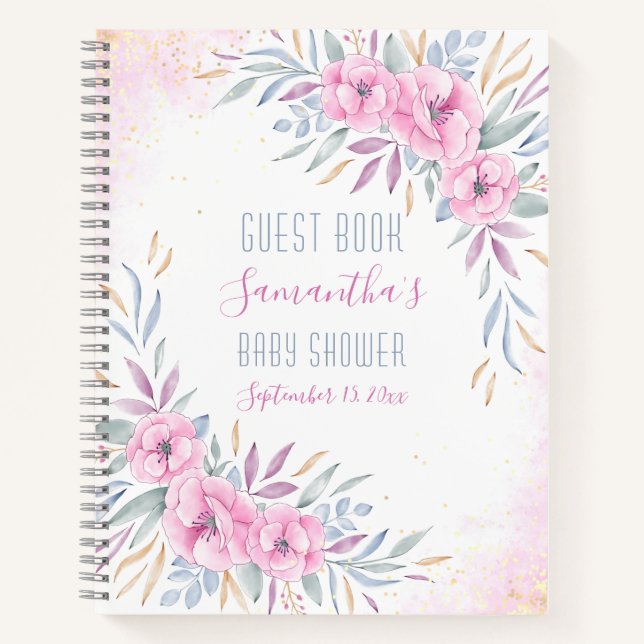 Cuaderno Baby Shower Pink Flowers Watercolor Guest Book (Anverso)