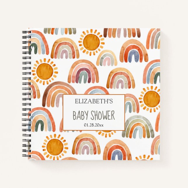 Cuaderno Baby Shower Watercolor Boho Arcoiris y sol (Anverso)