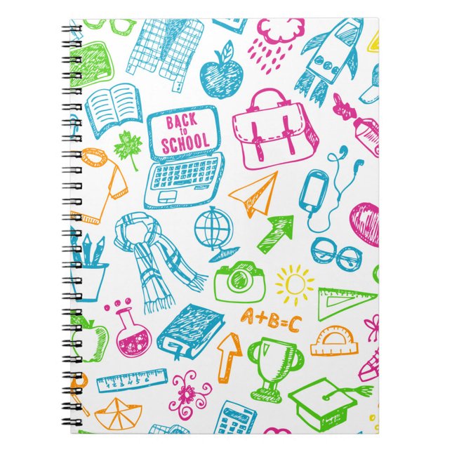Cuaderno Back To School Notebook (Dynamic overhead shot: A colorful notebook filled with back-to-school doodles.)