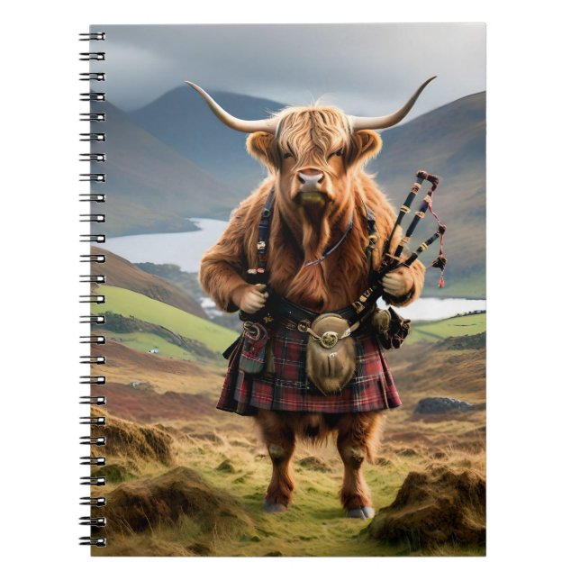 Cuaderno Bagpiper de vaca de la región montañosa de Escocia (Frente)