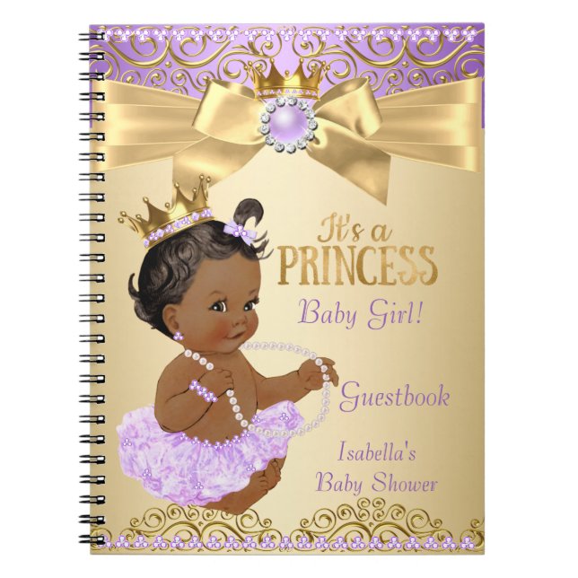 Cuaderno Bailarina de oro lila Princesa Baby Shower Étnico (Frente)