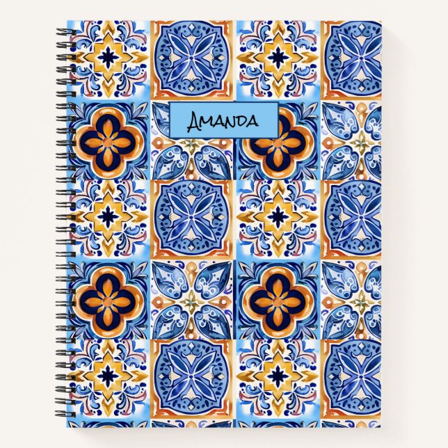 Cuaderno Baldosas de cerámica siciliana azul mediterránea (Anverso)