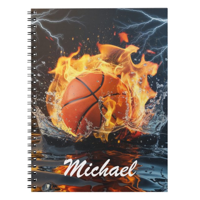 Cuaderno Balón de baloncesto personalizado en llamas y agua (Frente)